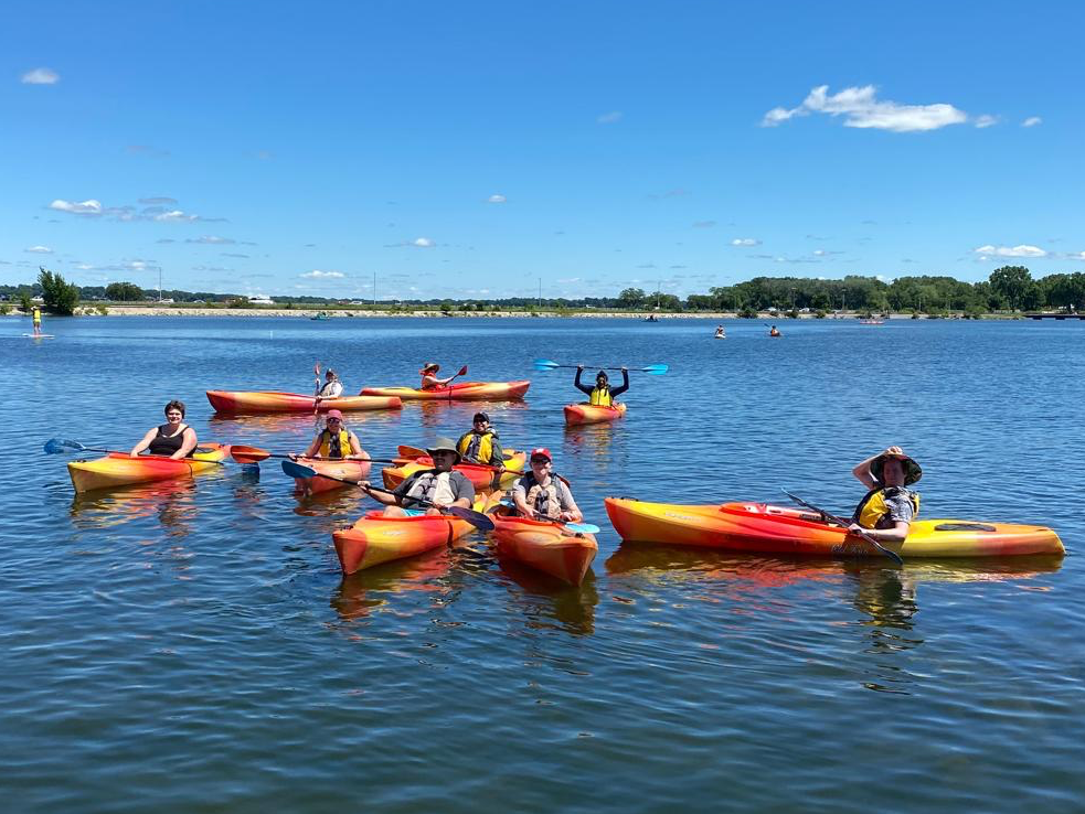 Blum Lab group photo kayaking on Lake Monona in June 2024