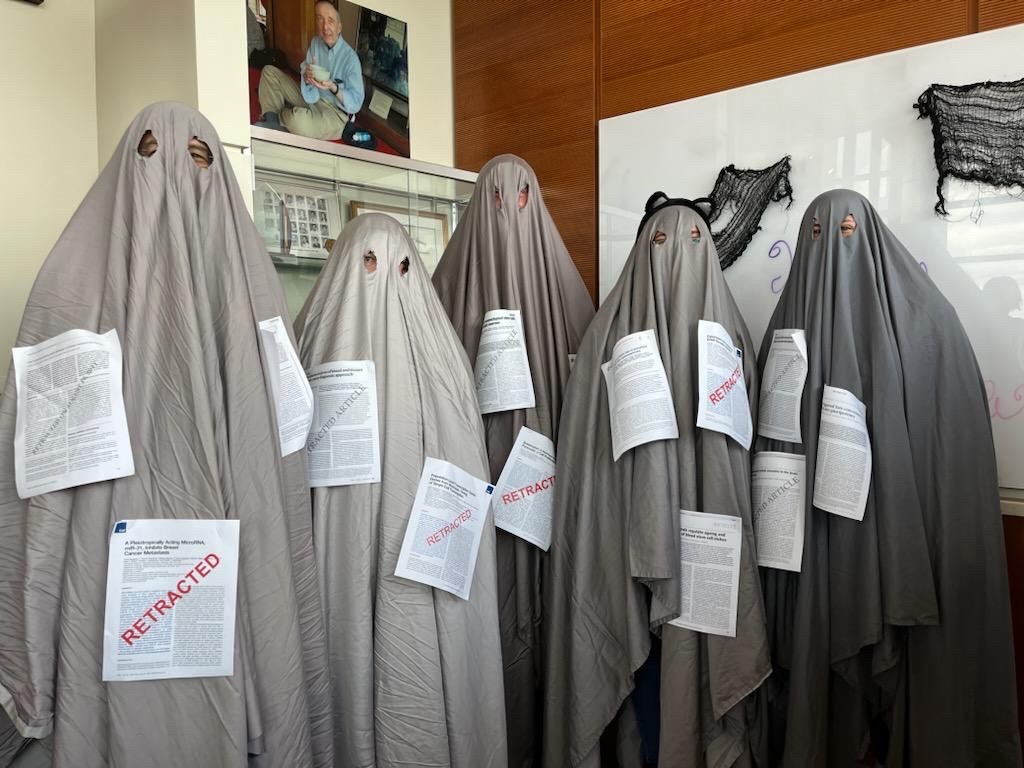 The lab dressed as fake retracted papers winning best CRB Halloween costume award