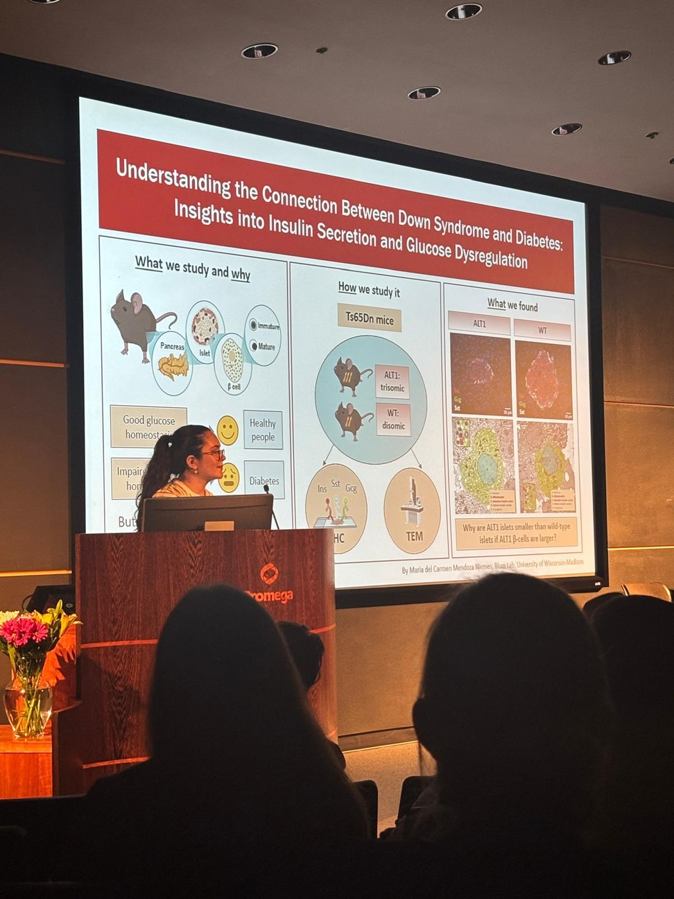 Maria presenting her slide at the Promega sponsored Wisconsin Stem Cell Symposium in April, 2025